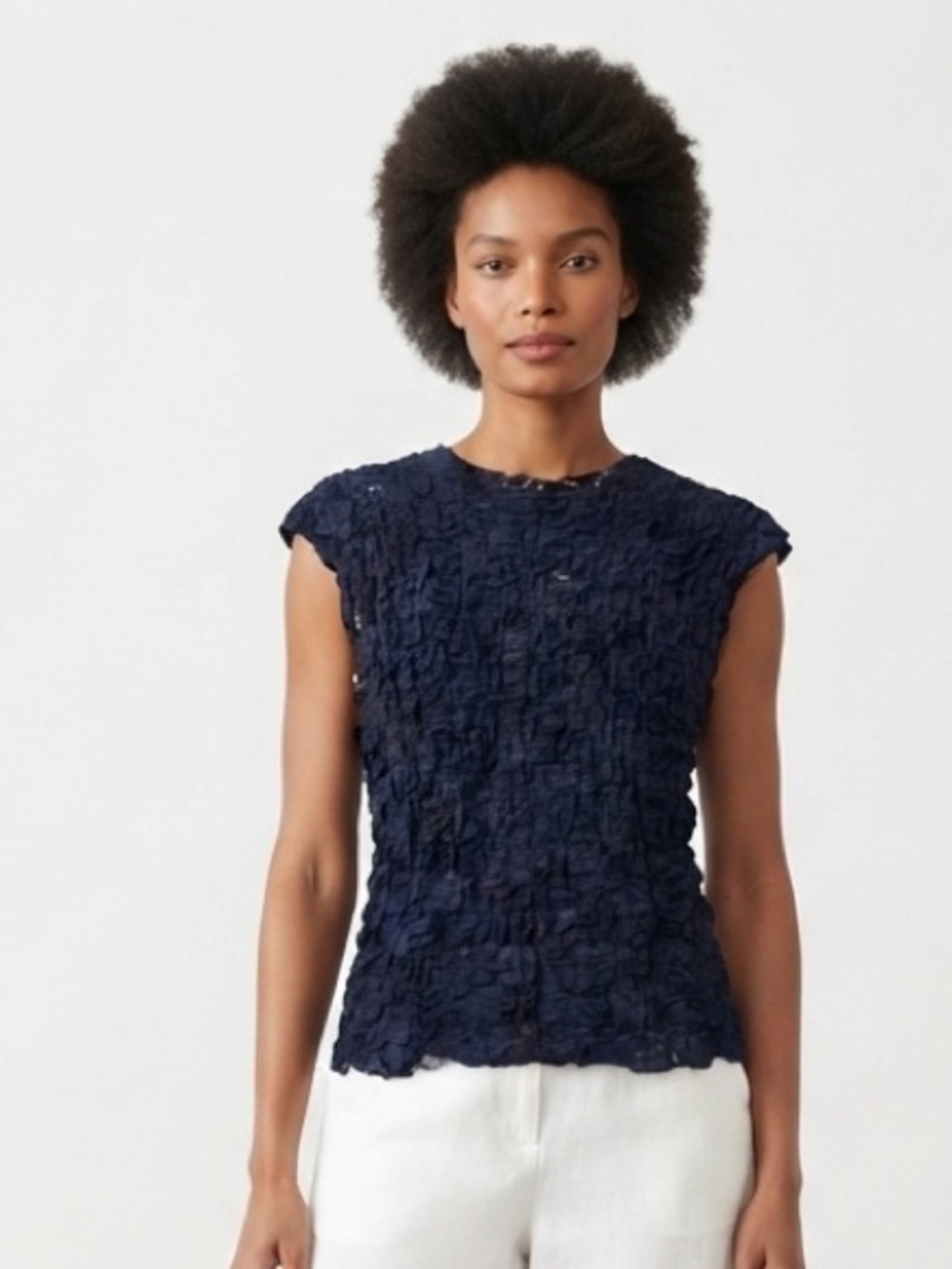 Cupio Textured Navy Blue Mock Neck Women's Top